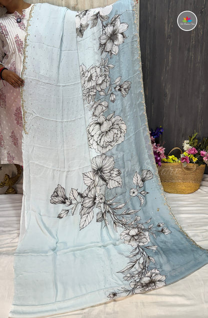 Pure Chinon Saree with Hand Embroidery - Ice Blue