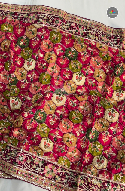 Premium Chinon Embroidery Saree - Rani Pink