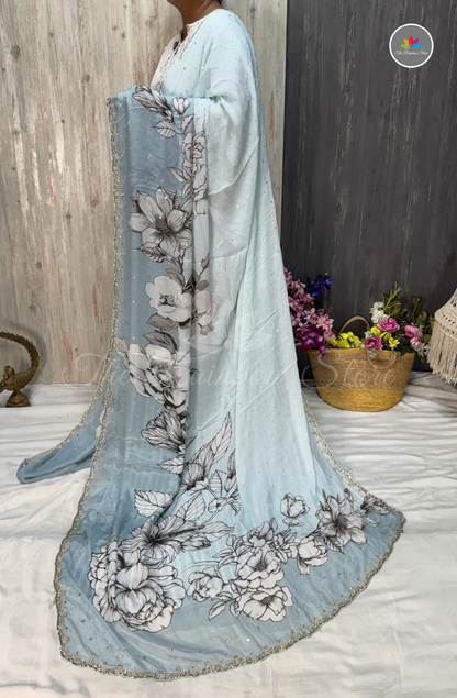 Pure Chinon Saree with Hand Embroidery - Ice Blue
