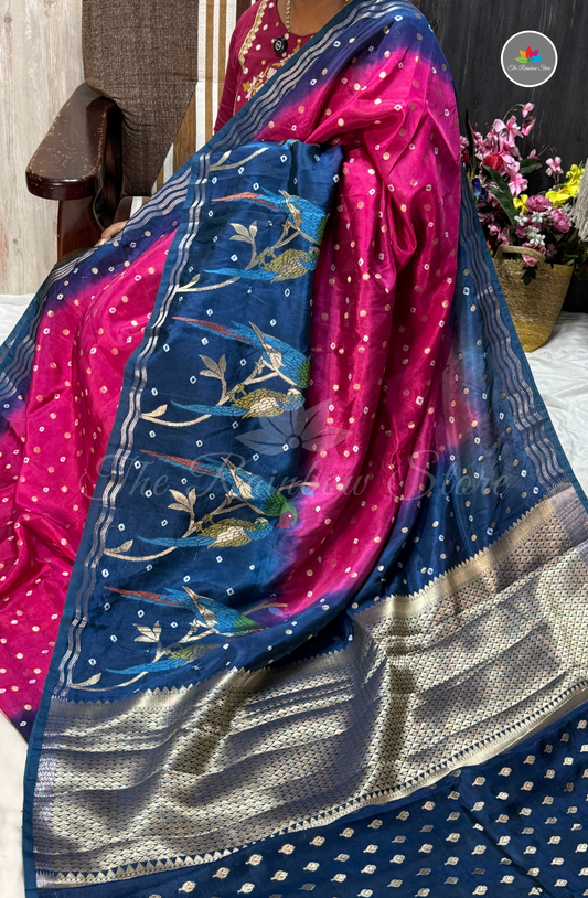 Dual-Tone Paper Silk Saree - Rani Pink & Dark Blue