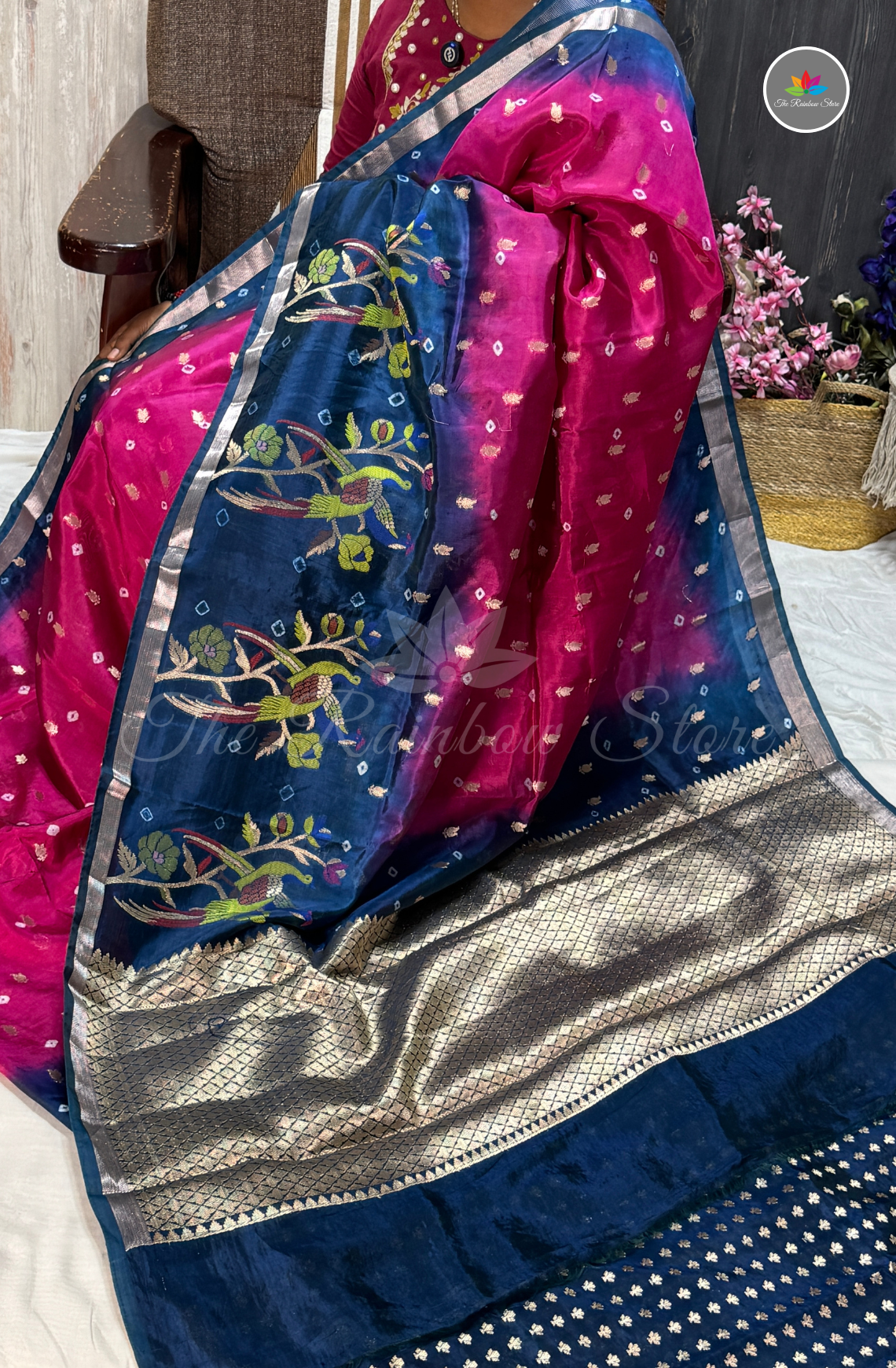 Dual-Tone Paper Silk Saree - Rani Pink & Navy Blue