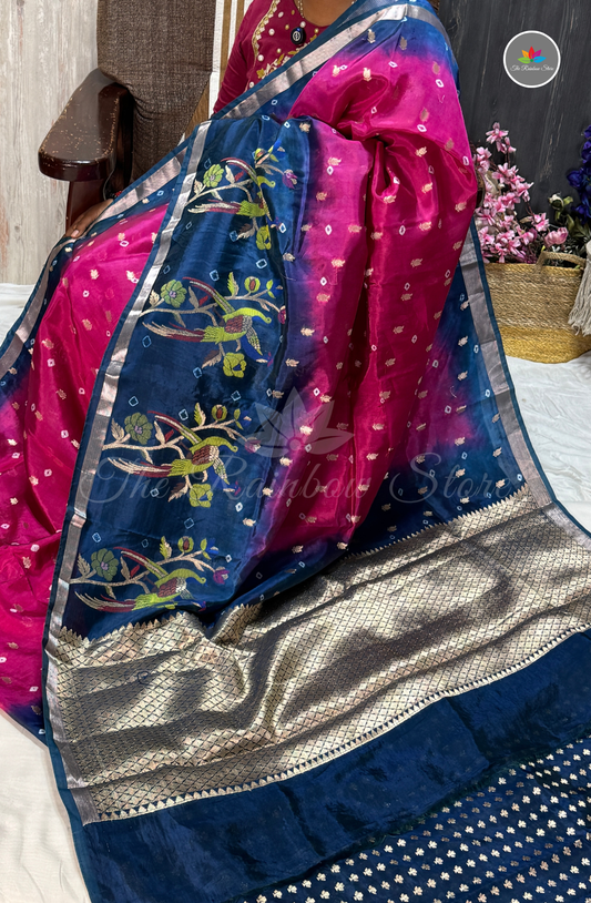 Dual-Tone Paper Silk Saree - Rani Pink & Navy Blue