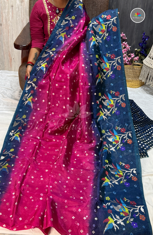 Dual-Tone Paper Silk Saree - Rani Pink & Silver Zari Buttis