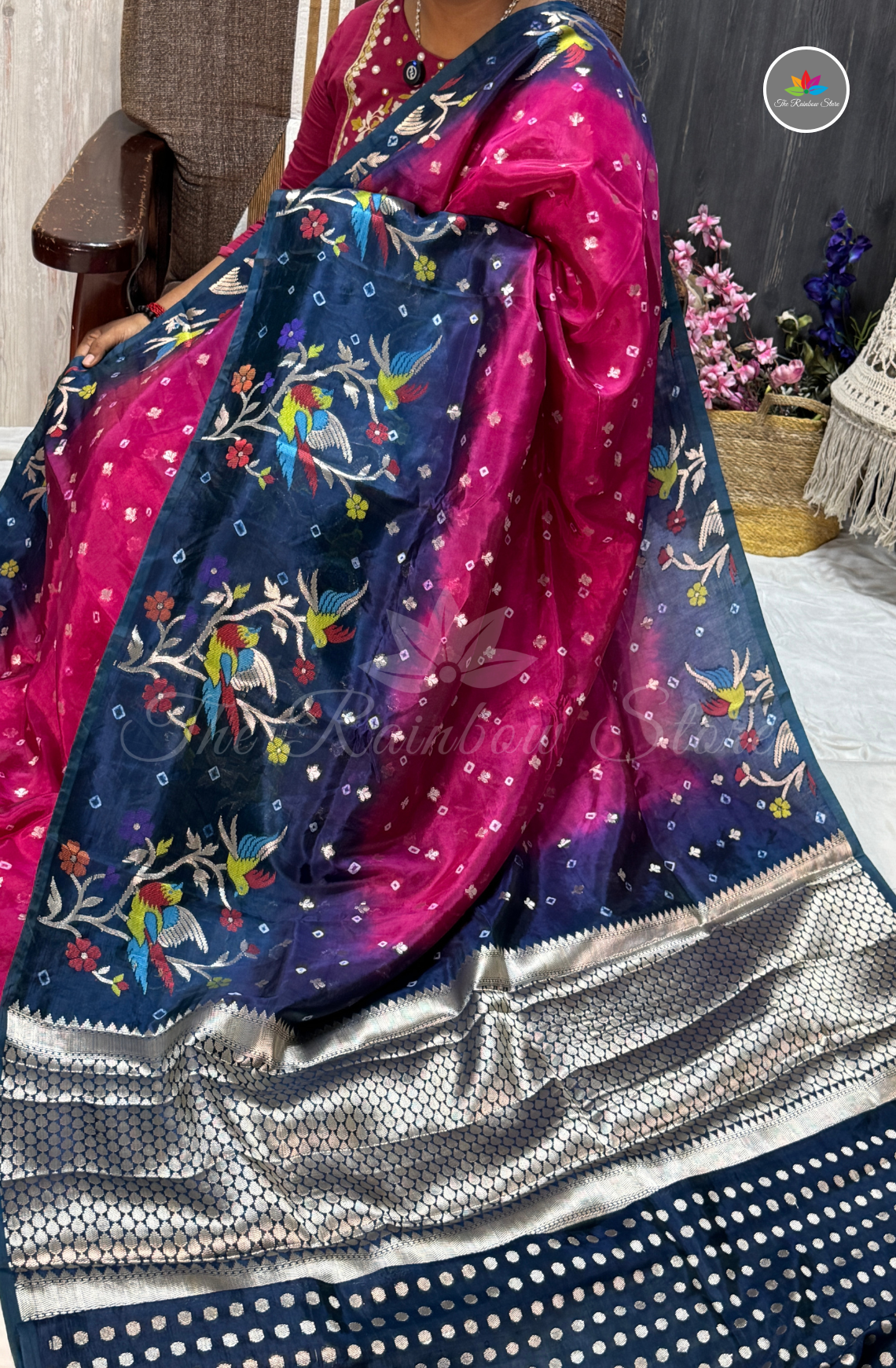 Dual-Tone Paper Silk Saree - Rani Pink & Silver Zari Buttis