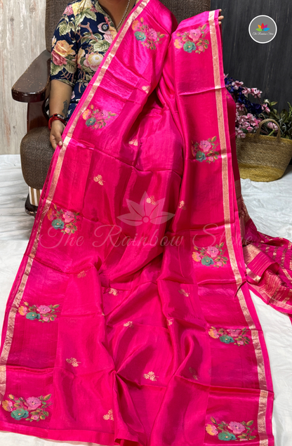 Organza Silk Saree - Rani Pink