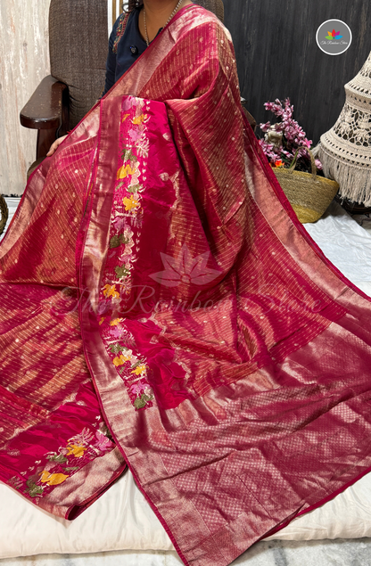 Imported Satin Mushru Saree - Rani Pink with Rose Gold Zari