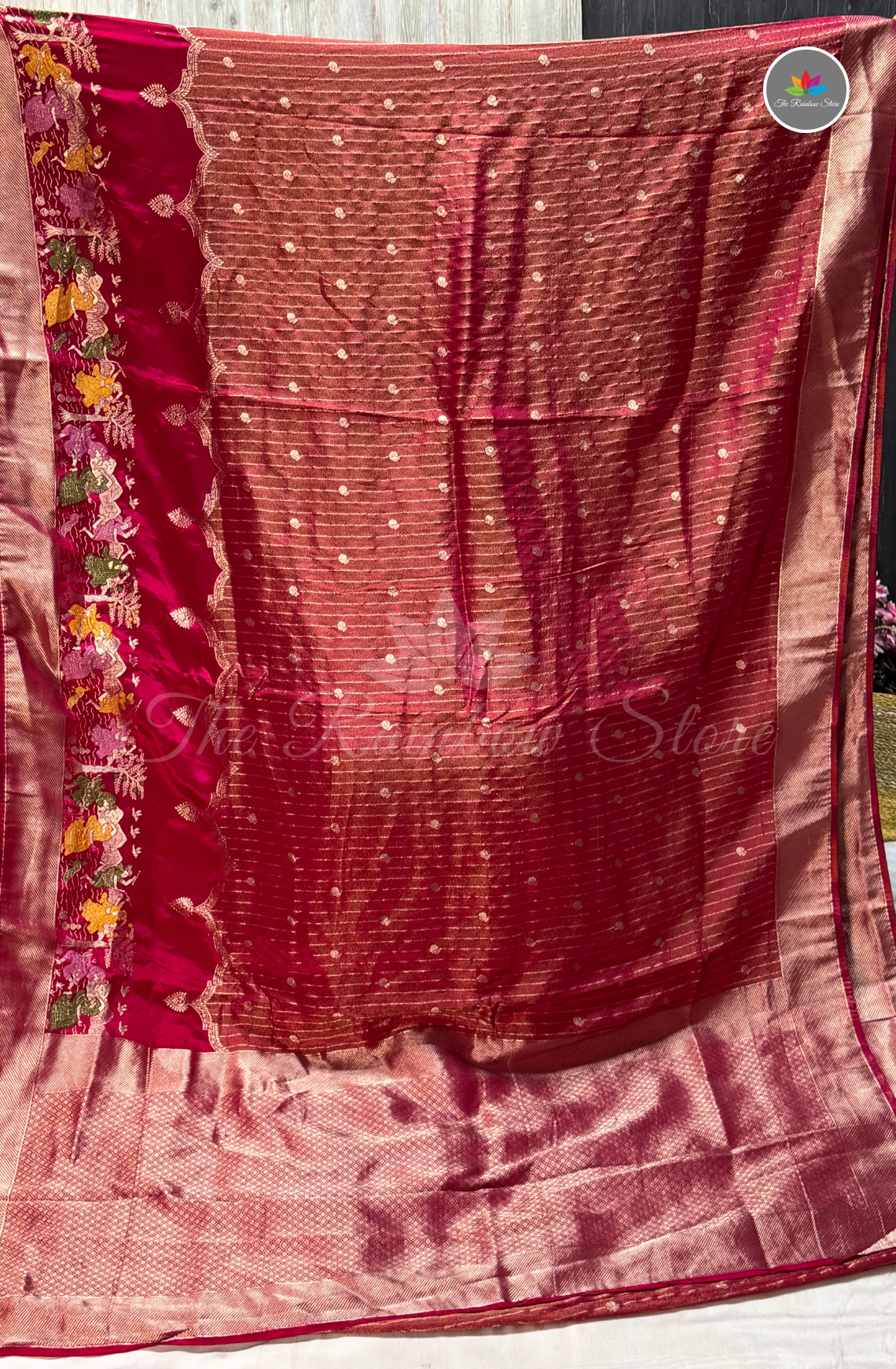Imported Satin Mushru Saree - Rani Pink with Rose Gold Zari