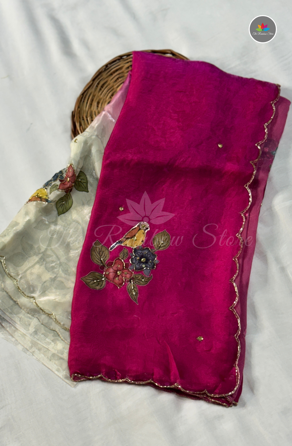 Velvet Silk Saree - Rani Pink & Pearl Ivory White