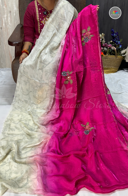 Velvet Silk Saree - Rani Pink & Pearl Ivory White
