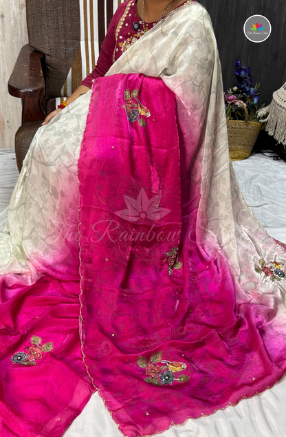 Velvet Silk Saree - Rani Pink & Pearl Ivory White