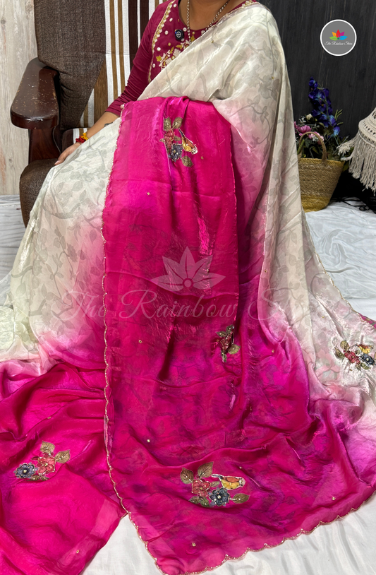 Velvet Silk Saree - Rani Pink & Pearl Ivory White