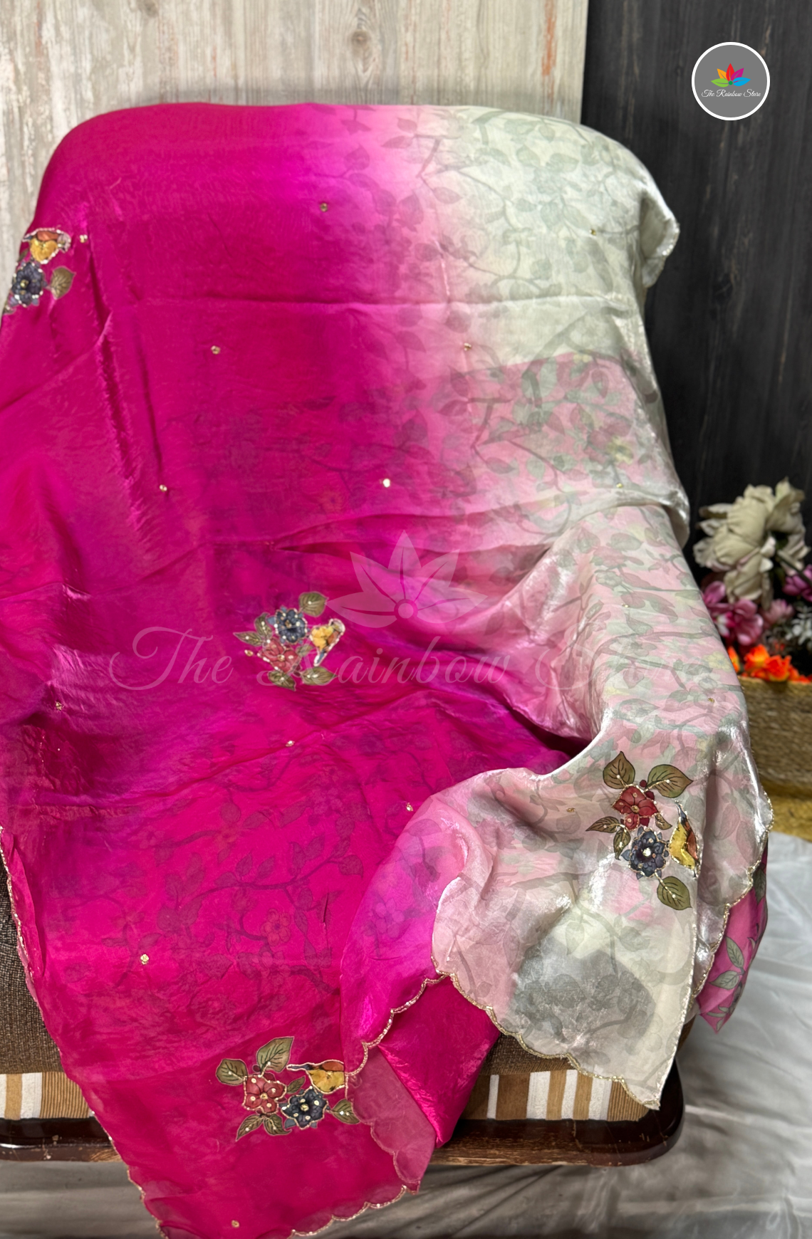 Velvet Silk Saree - Rani Pink & Pearl Ivory White