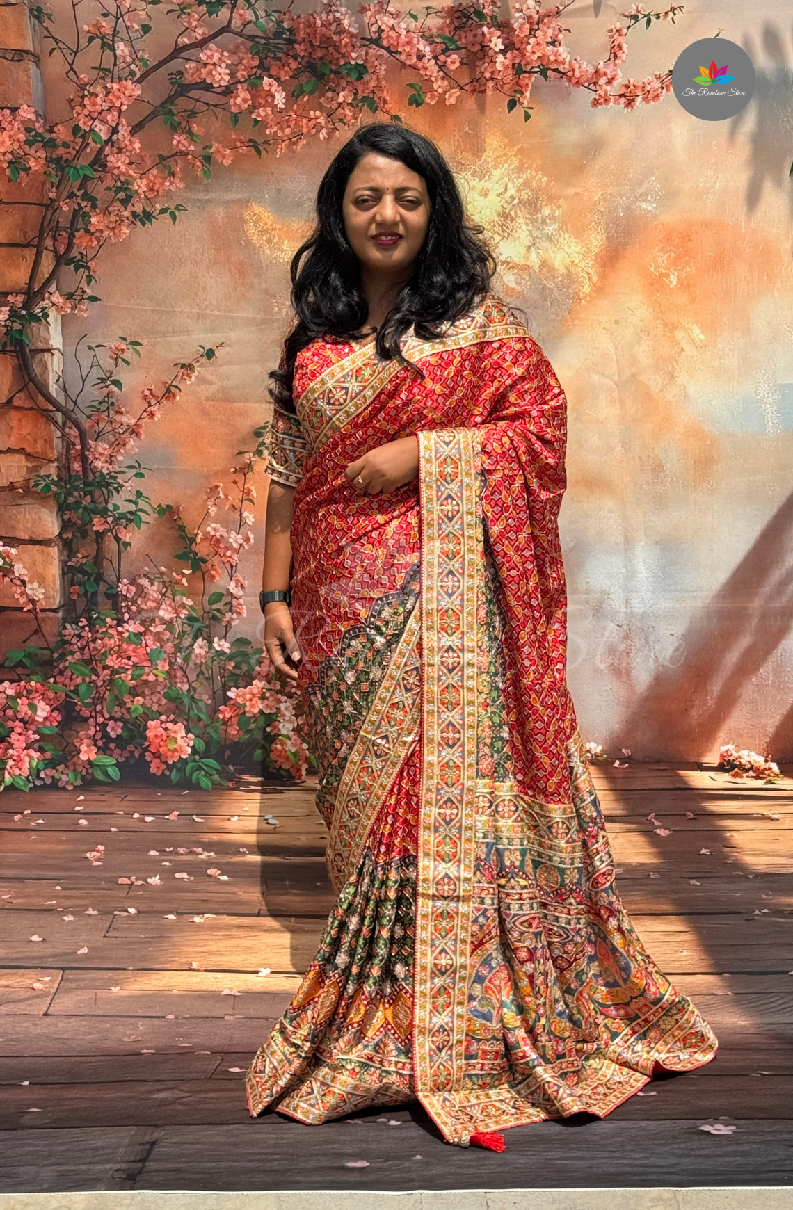 Premium Chinon Embroidery Saree - Rich Red