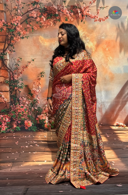 Premium Chinon Embroidery Saree - Rich Red