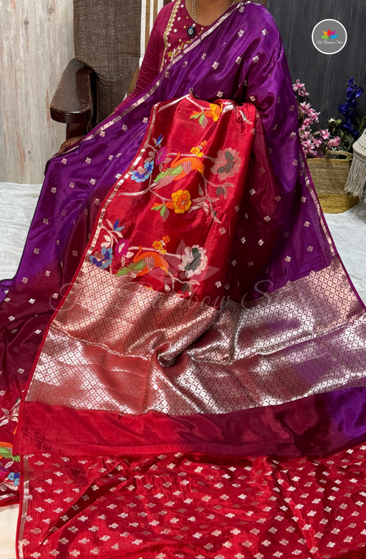 Dual-Tone Paper Silk Saree - Royal Purple & Ruby Red