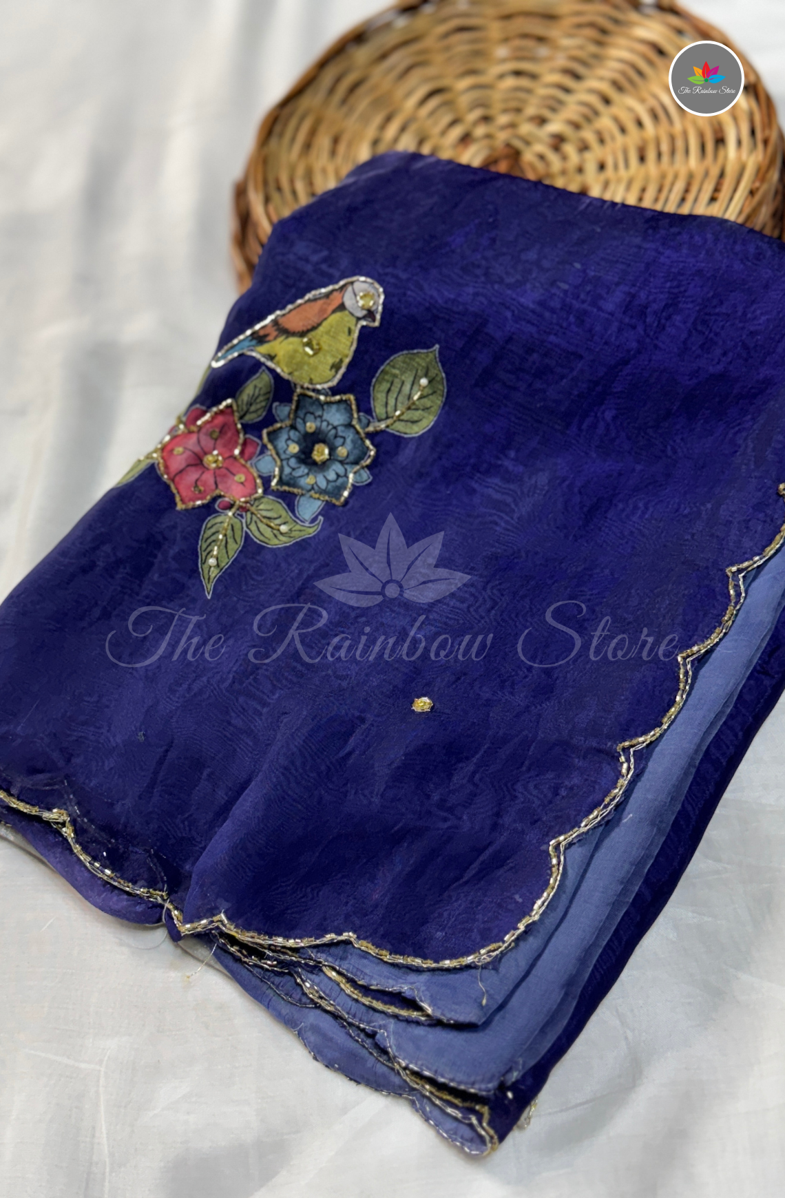 Velvet Silk Saree - Royal Blue & Pearl Ivory White