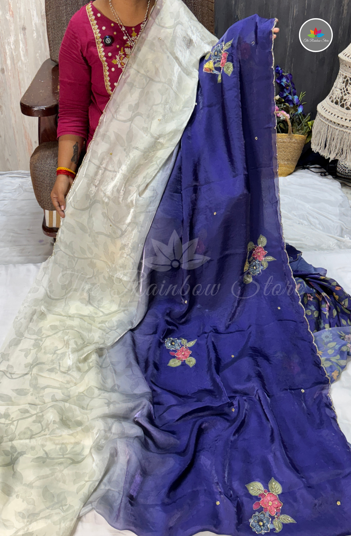 Velvet Silk Saree - Royal Blue & Pearl Ivory White