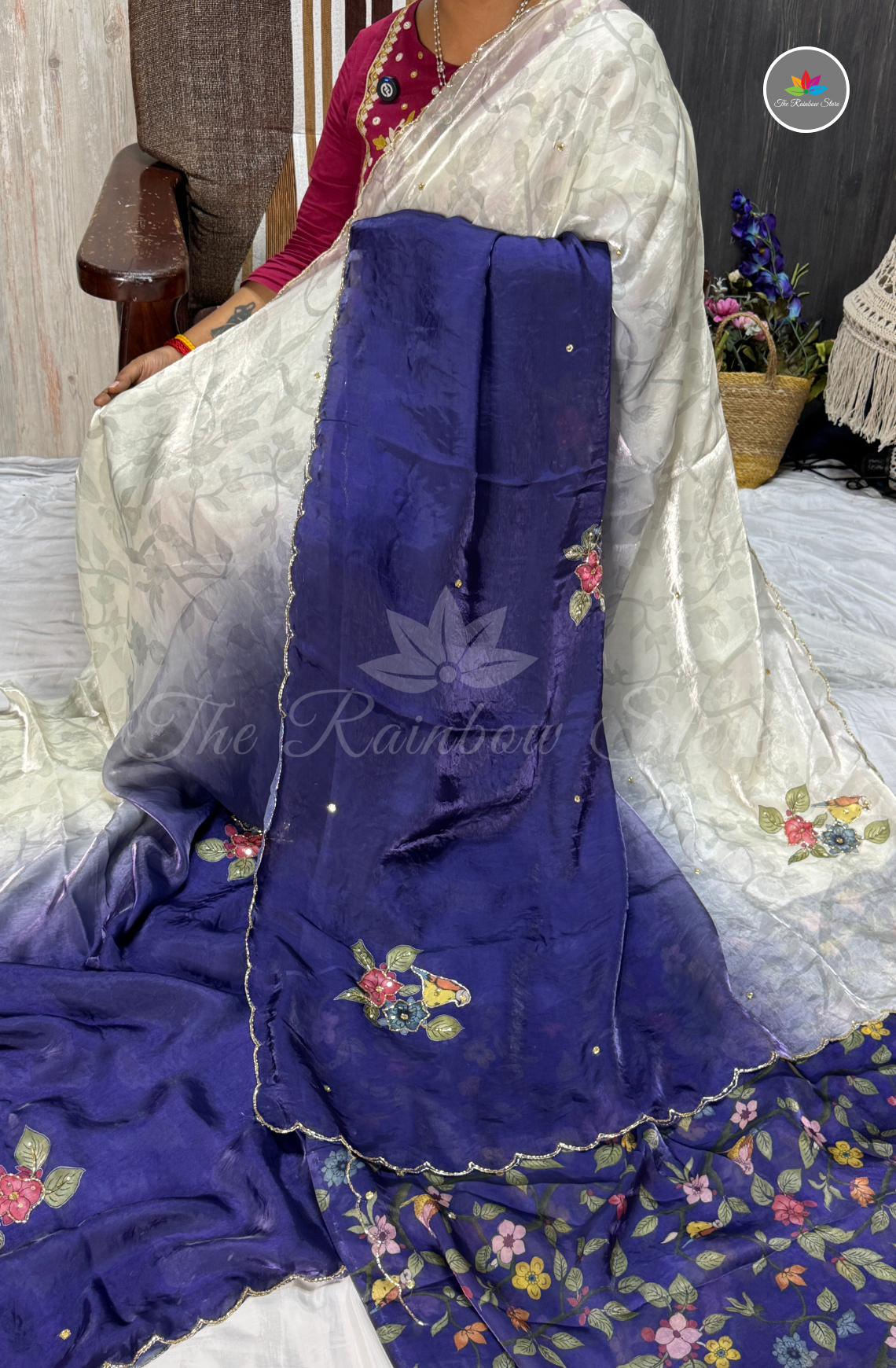 Velvet Silk Saree - Royal Blue & Pearl Ivory White