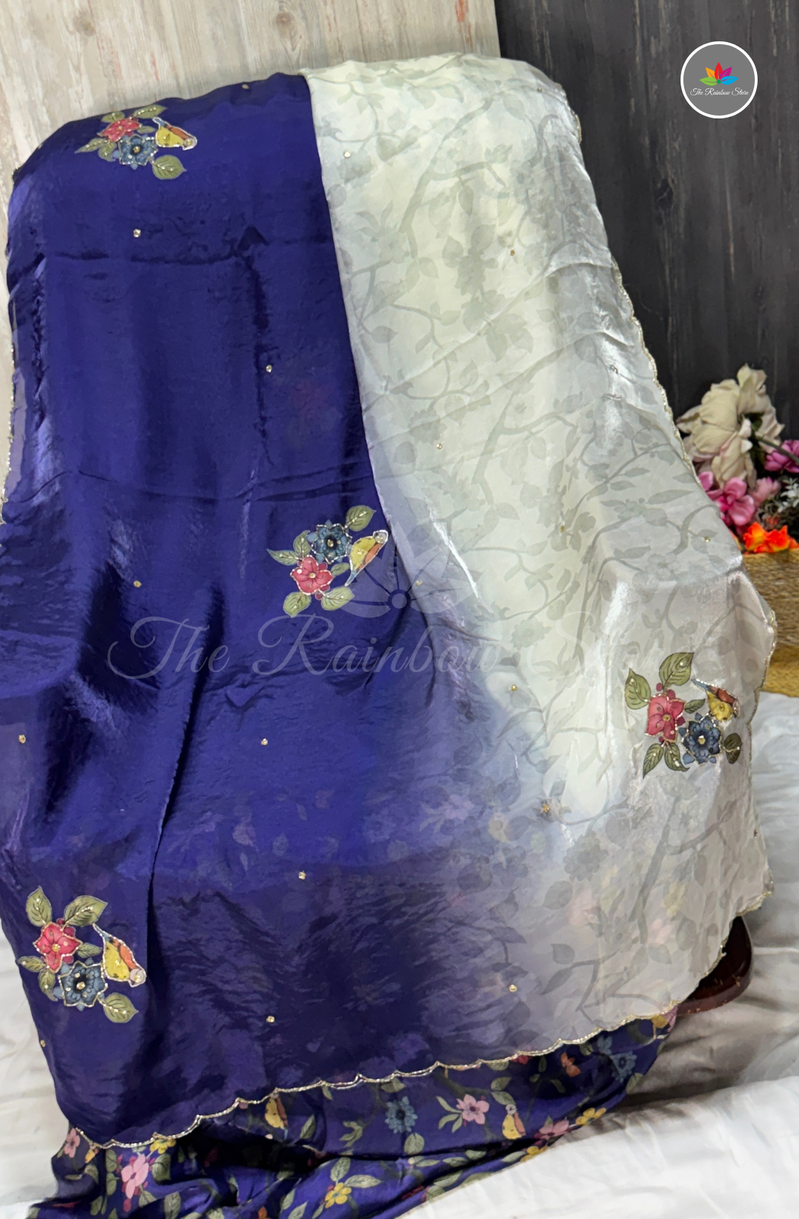 Velvet Silk Saree - Royal Blue & Pearl Ivory White