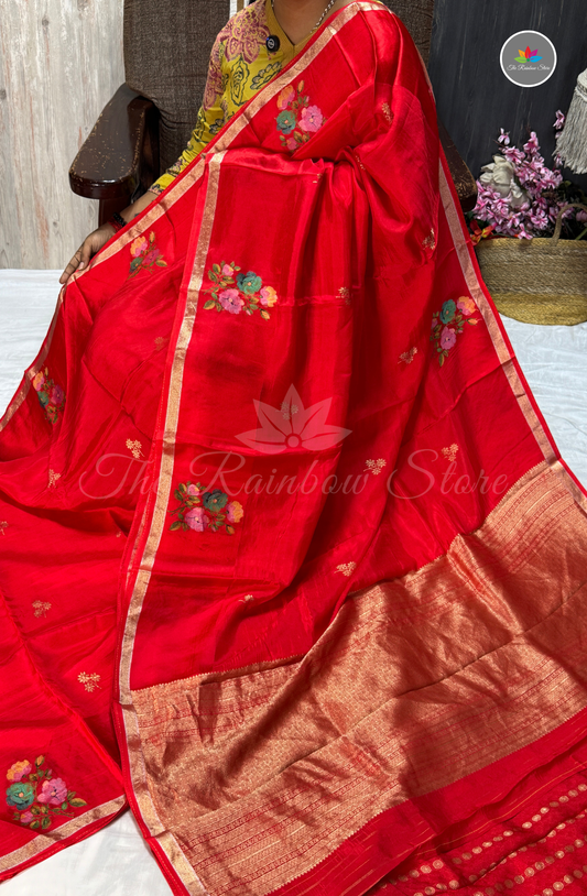 Organza Silk Saree - Ruby Red