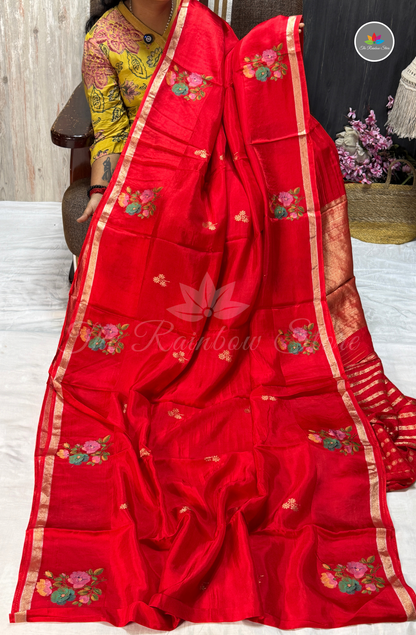 Organza Silk Saree - Ruby Red