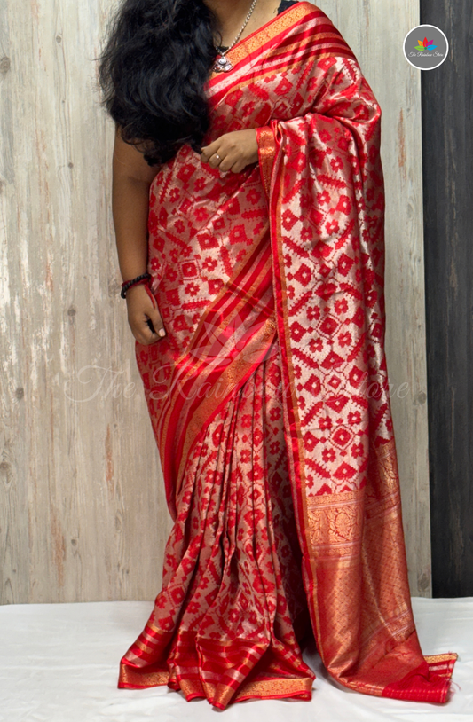 Brocade Patola Tissue Saree - Ruby Red & Gold Zari