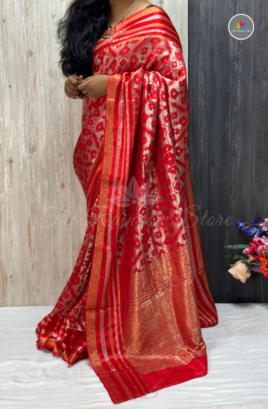Brocade Patola Tissue Saree - Ruby Red & Gold Zari