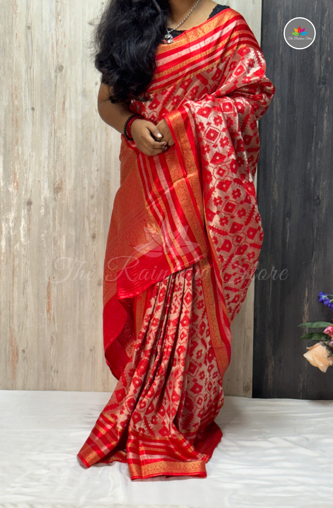 Brocade Patola Tissue Saree - Ruby Red & Gold Zari