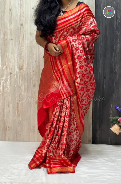 Brocade Patola Tissue Saree - Ruby Red & Gold Zari