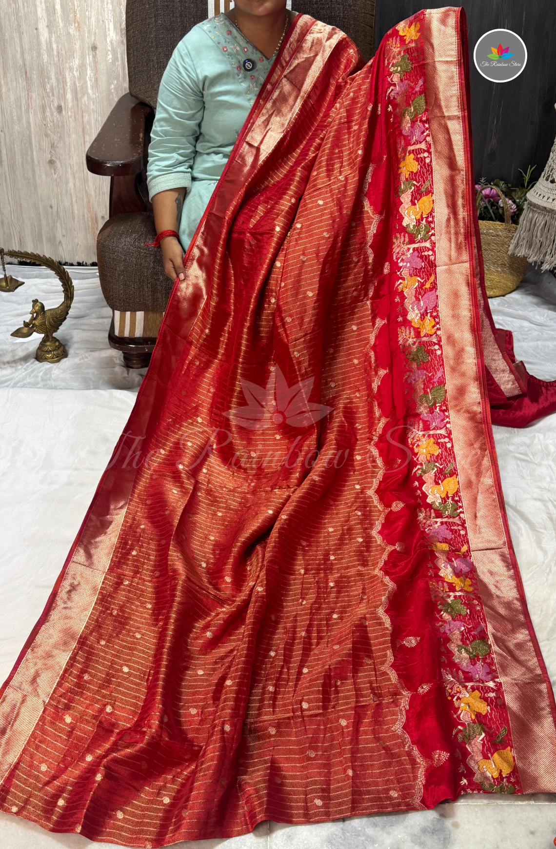 Imported Satin Tissue Mushru Saree - Ruby Red & Rose Gold