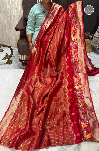 Imported Satin Tissue Mushru Saree - Ruby Red & Rose Gold