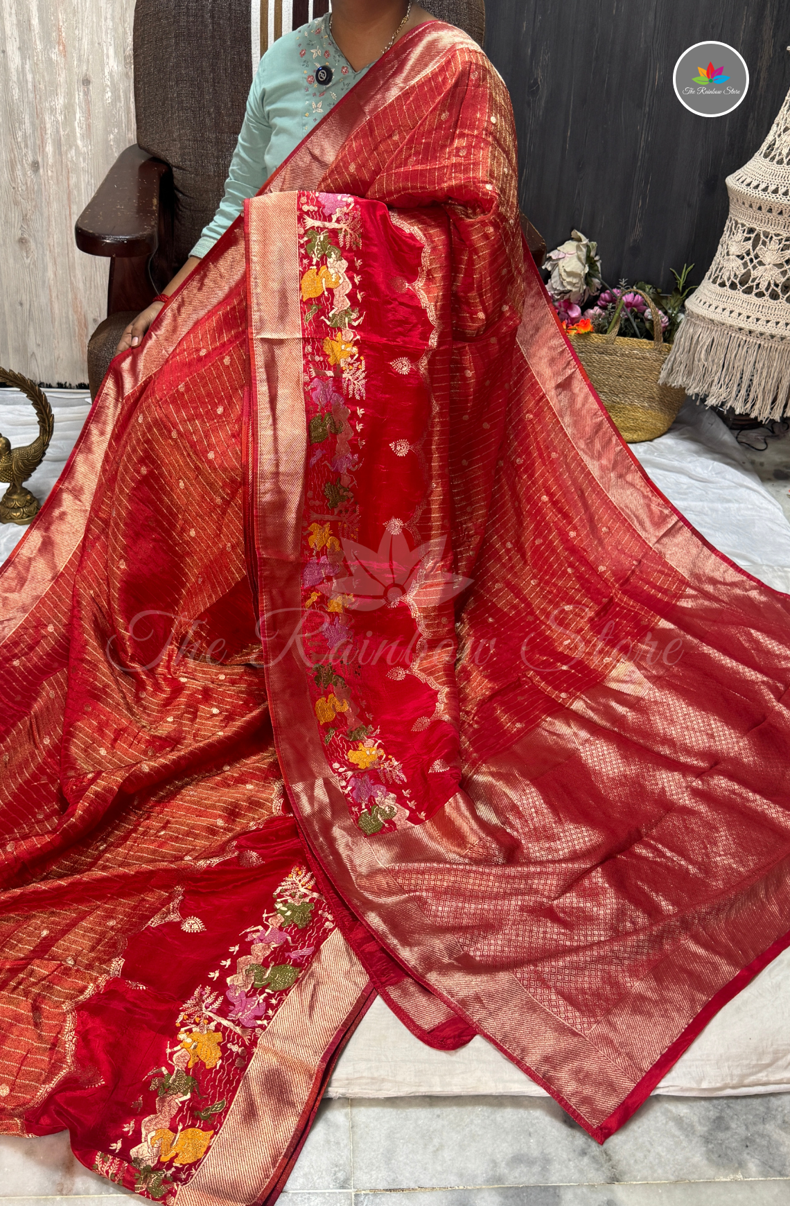 Imported Satin Tissue Mushru Saree - Ruby Red & Rose Gold