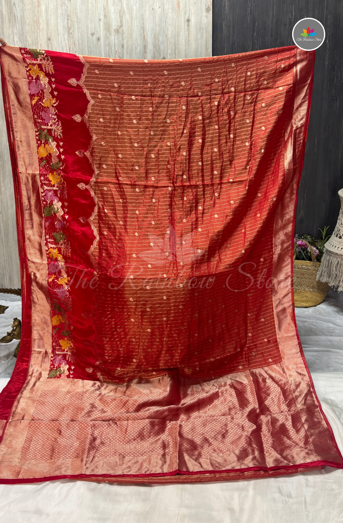 Imported Satin Tissue Mushru Saree - Ruby Red & Rose Gold