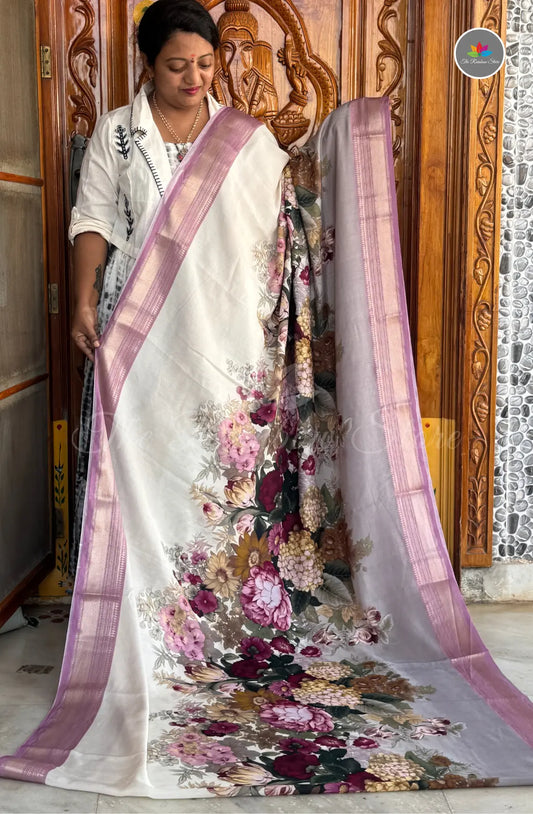 Elegant Ruby Silk with Florals - Off White