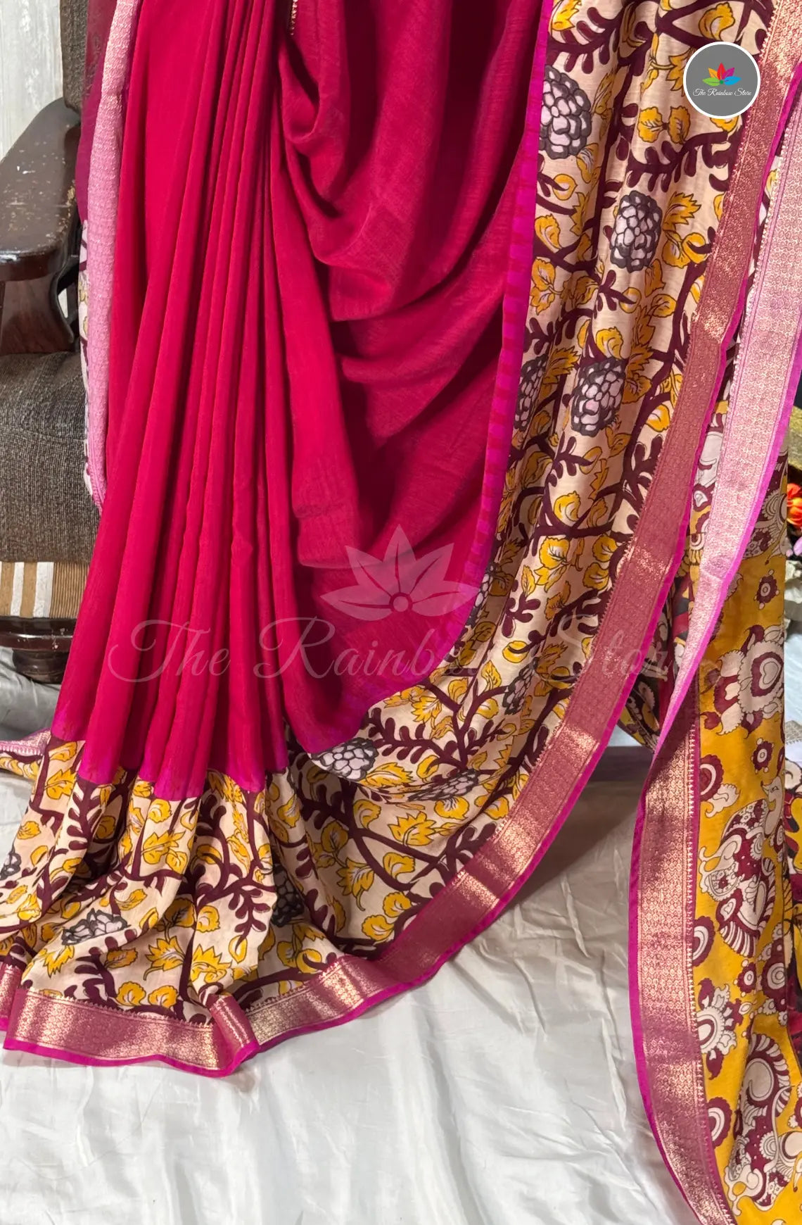 Ruby Silk Saree with Floral Printed Border - Ruby Pink
