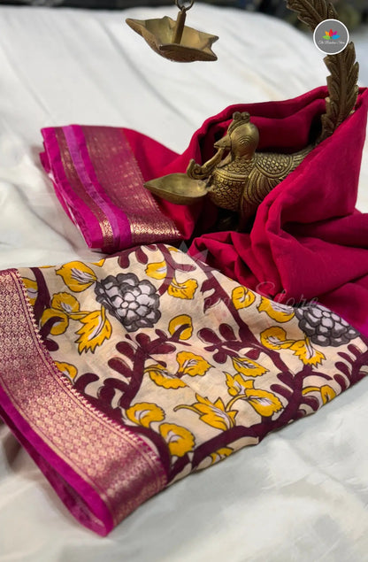 Ruby Silk Saree with Floral Printed Border - Ruby Pink