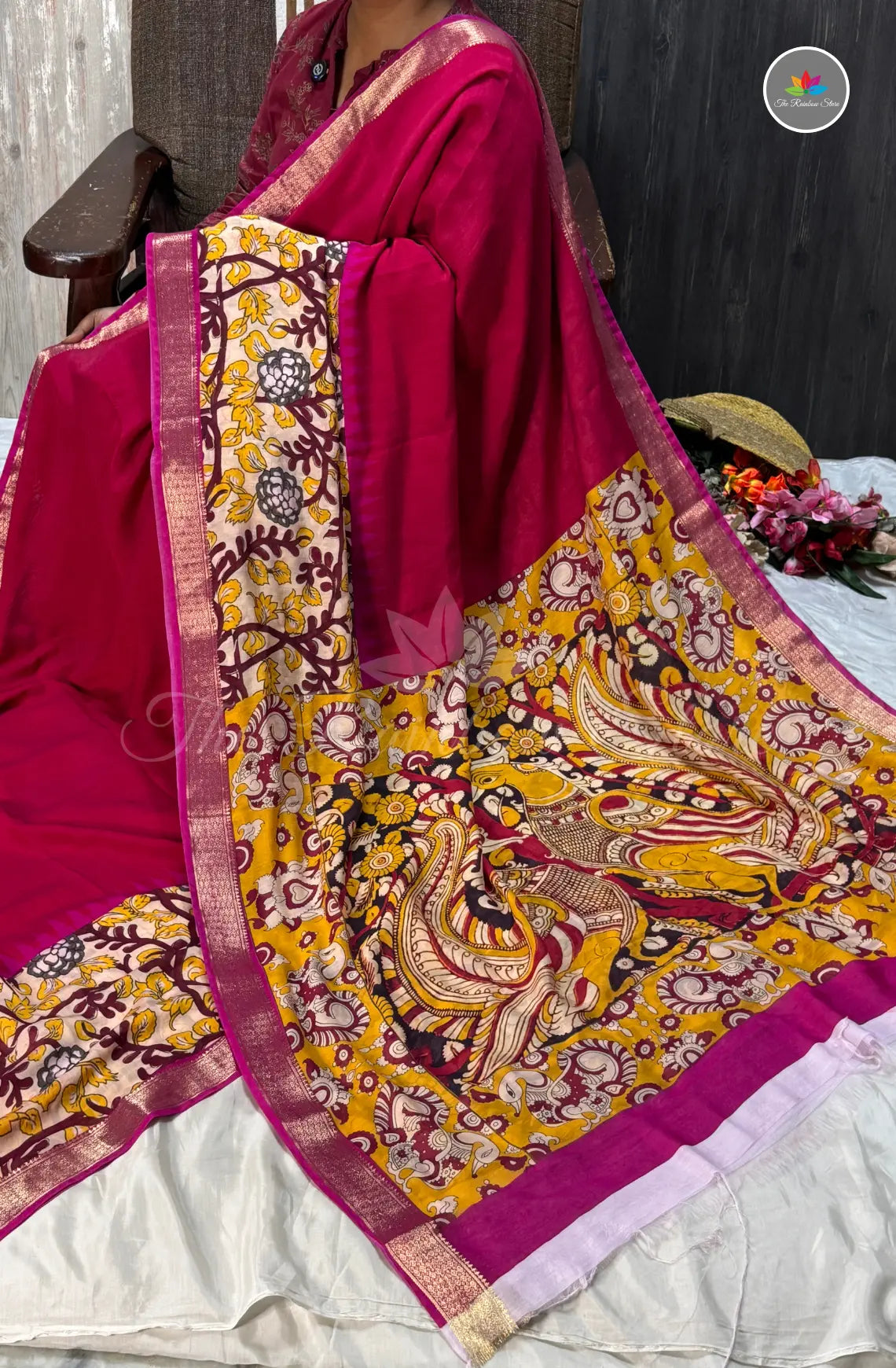 Ruby Silk Saree with Floral Printed Border - Ruby Pink