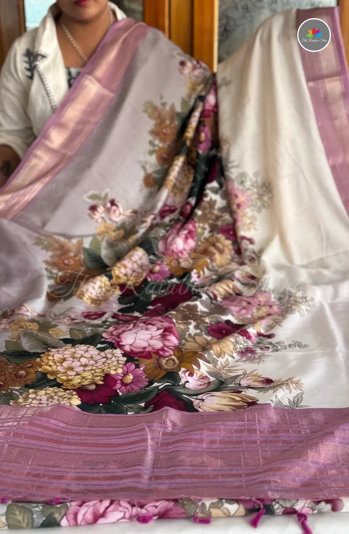 Elegant Ruby Silk with Florals - Off White