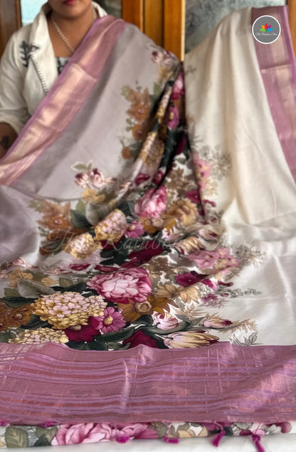 Elegant Ruby Silk with Florals - Off White