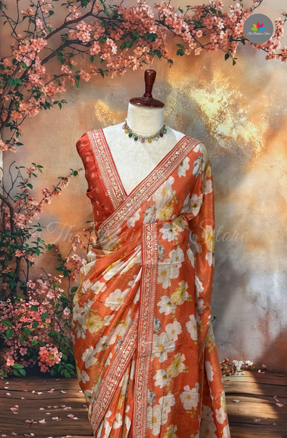 Pure Satin With Sabyasachi Borders - Rust Orange