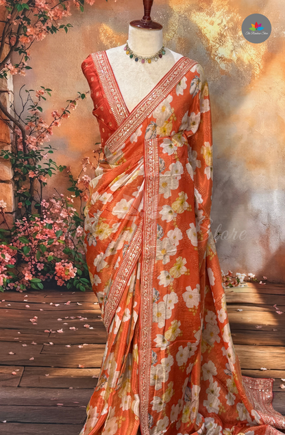 Pure Satin With Sabyasachi Borders - Rust Orange