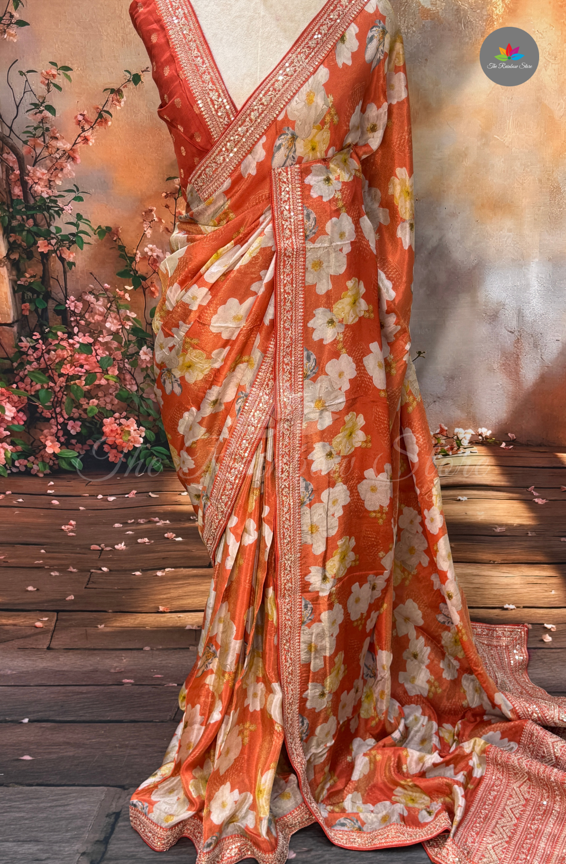 Pure Satin With Sabyasachi Borders - Rust Orange
