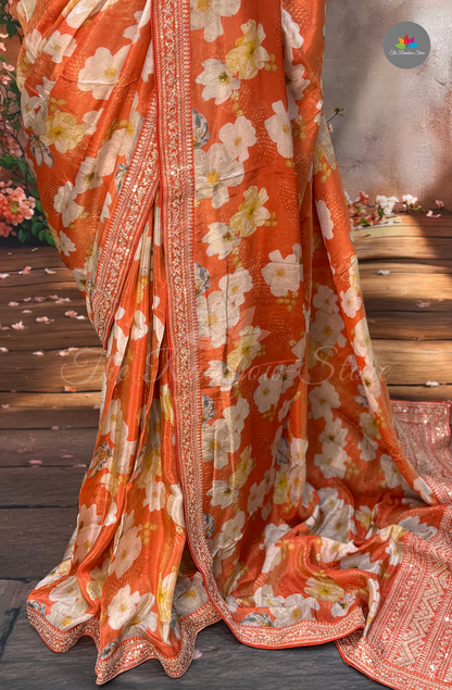Pure Satin With Sabyasachi Borders - Rust Orange