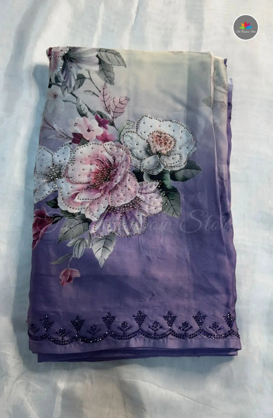Satin Crepe Saree with Jarkhans - Half White & Lavender