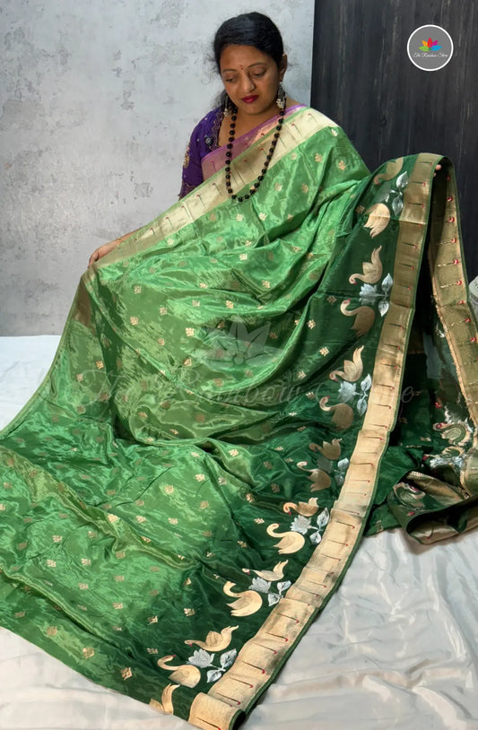 Elegant Satin Mushru Silk With Paithani - Green