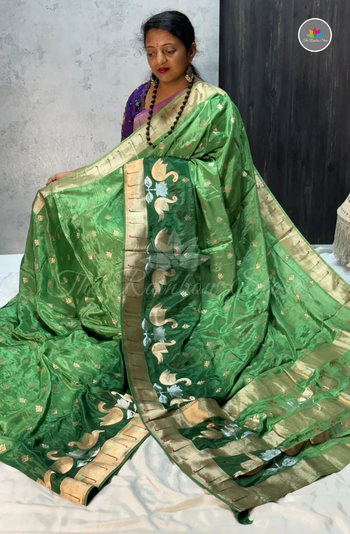 Elegant Satin Mushru Silk With Paithani - Green