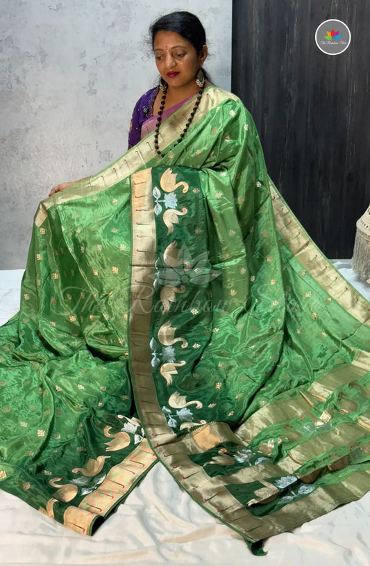 Elegant Satin Mushru Silk With Paithani - Green