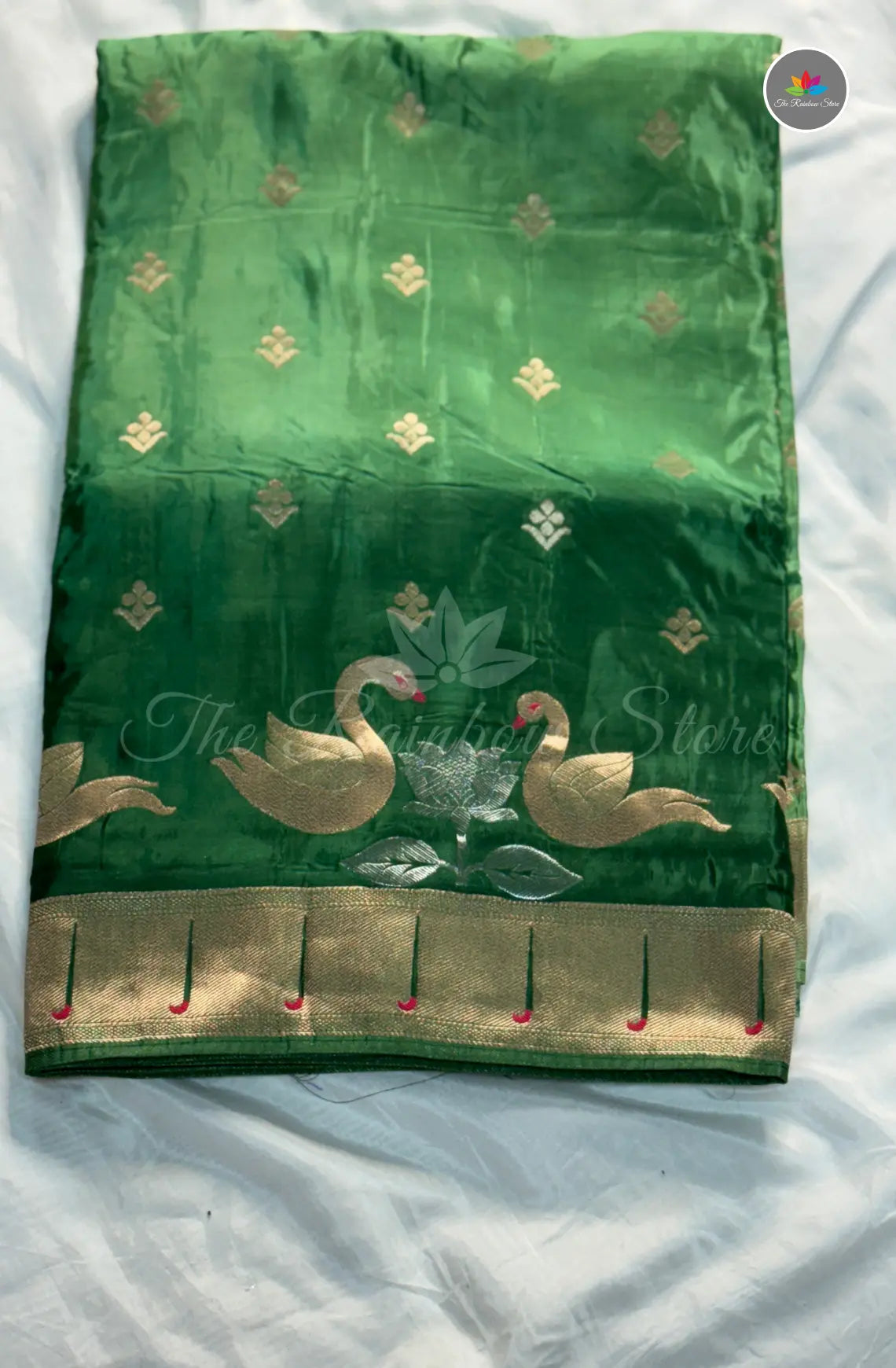 Elegant Satin Mushru Silk With Paithani - Green