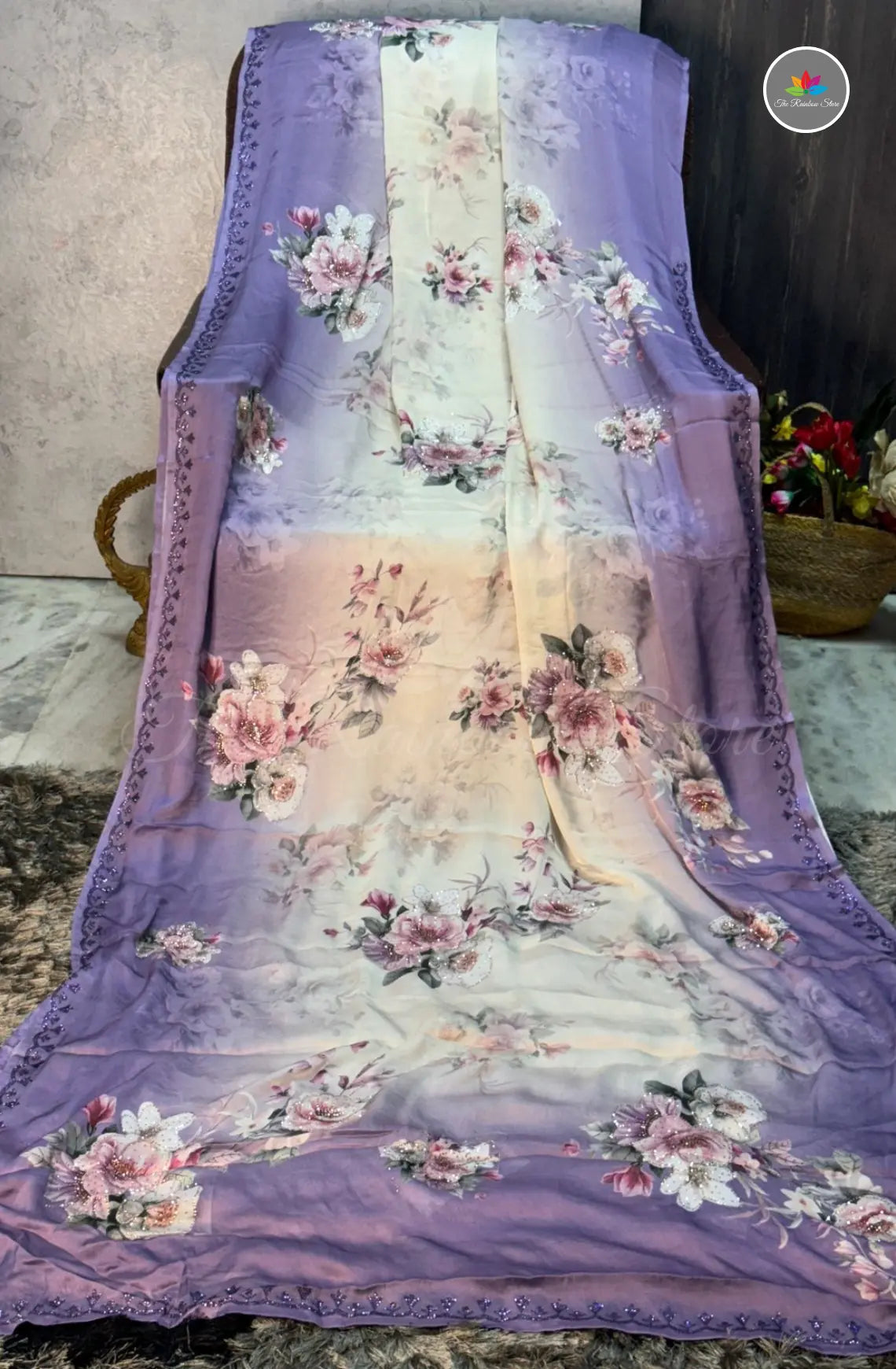 Satin Crepe Saree with Jarkhans - Half White & Lavender