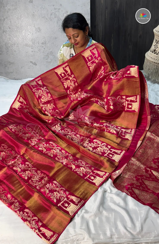Premium Tissue Saree with Intricate Zari Weaves - Rani Pink
